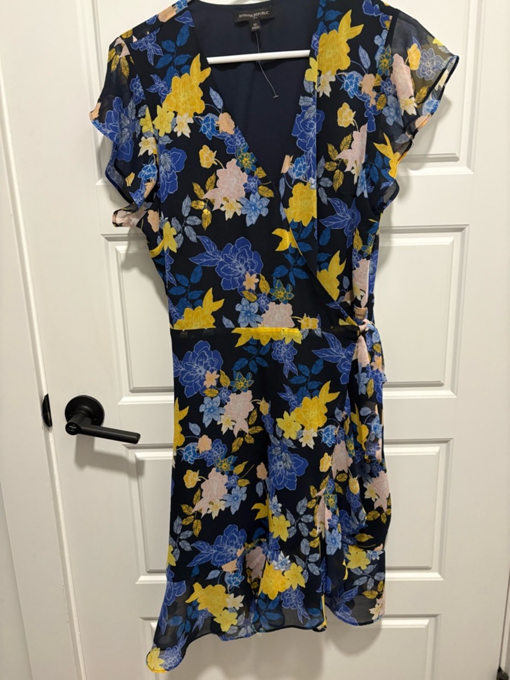 Banana Republic Navy Floral Wrap Midi Dress with Yellow & Blue Flowers